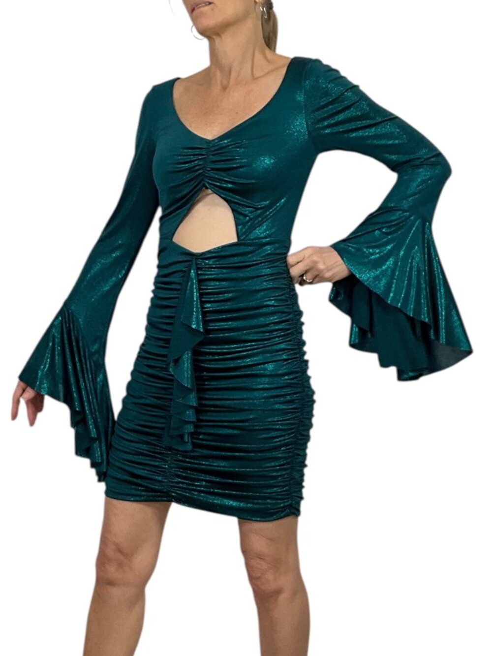 PatBo Jersey Foil Dress 8 Emerald Metallic Dark Green Mini Bodycon NEW - Picture 4 of 16
